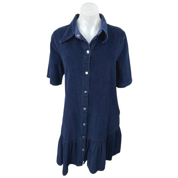 Gorman Blue Corduroy Velvet Velour Short Sleeve Button Up Ruffle Shirt Dress 12 - Picture 1 of 5